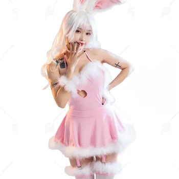 Meowcos 여성용 섹시한 코르셋 모피 핑크 토끼 코스프레 의상, 할로우 홀터 카와이 란제리 원피스