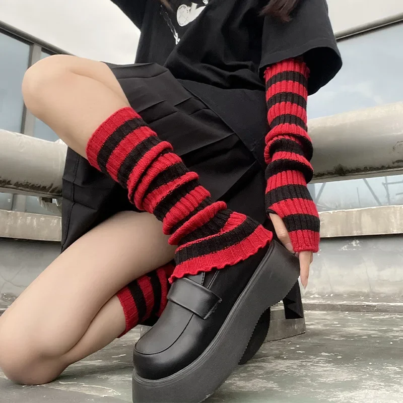 

Lolita Long Socks Red Black Strip Women's Leg Warmers Arm Warmer Keep Warm Arm Sleeve Autumn Winter Crochet Socks Boot Cuffs