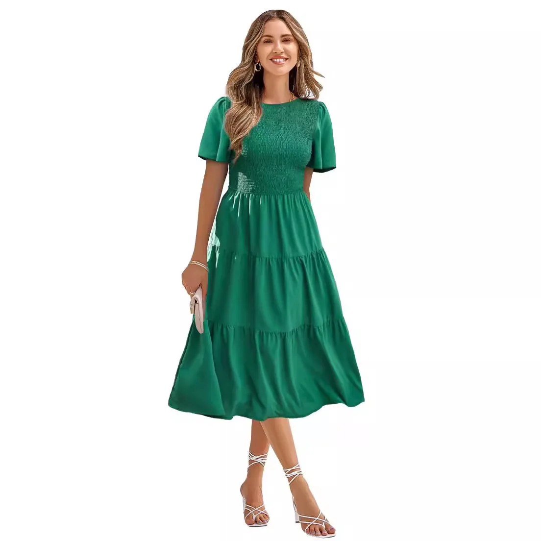 

2024 New Spring Summer Waist Slimming Dress with Large Swing Round Neck and Holiday Folded Lotus Leaf Skirt