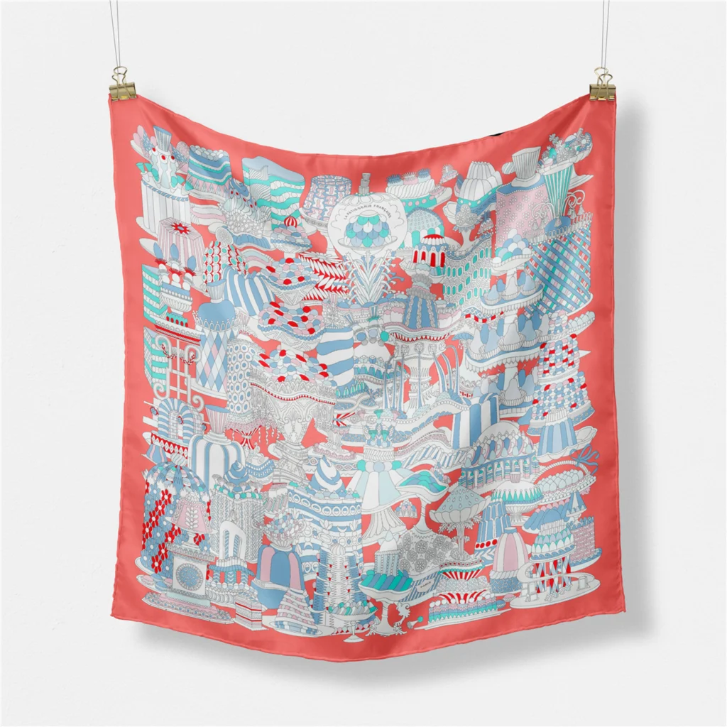 53cm neues Design Französisch Kuchen Druck Seide Schal 2024 Marke quadratischen Schal Frau Luxus Bandana Stirnband Hijab Foulard Halstuch – Detail 17