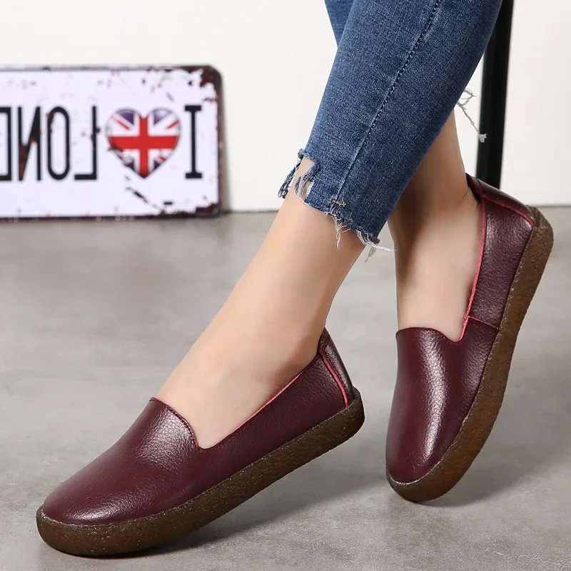 Flats Women Shoes Loafers Genuine Leather Woman Flats Slip On Women's Loafer Female Moccasins Shoe Plus Size 35-43