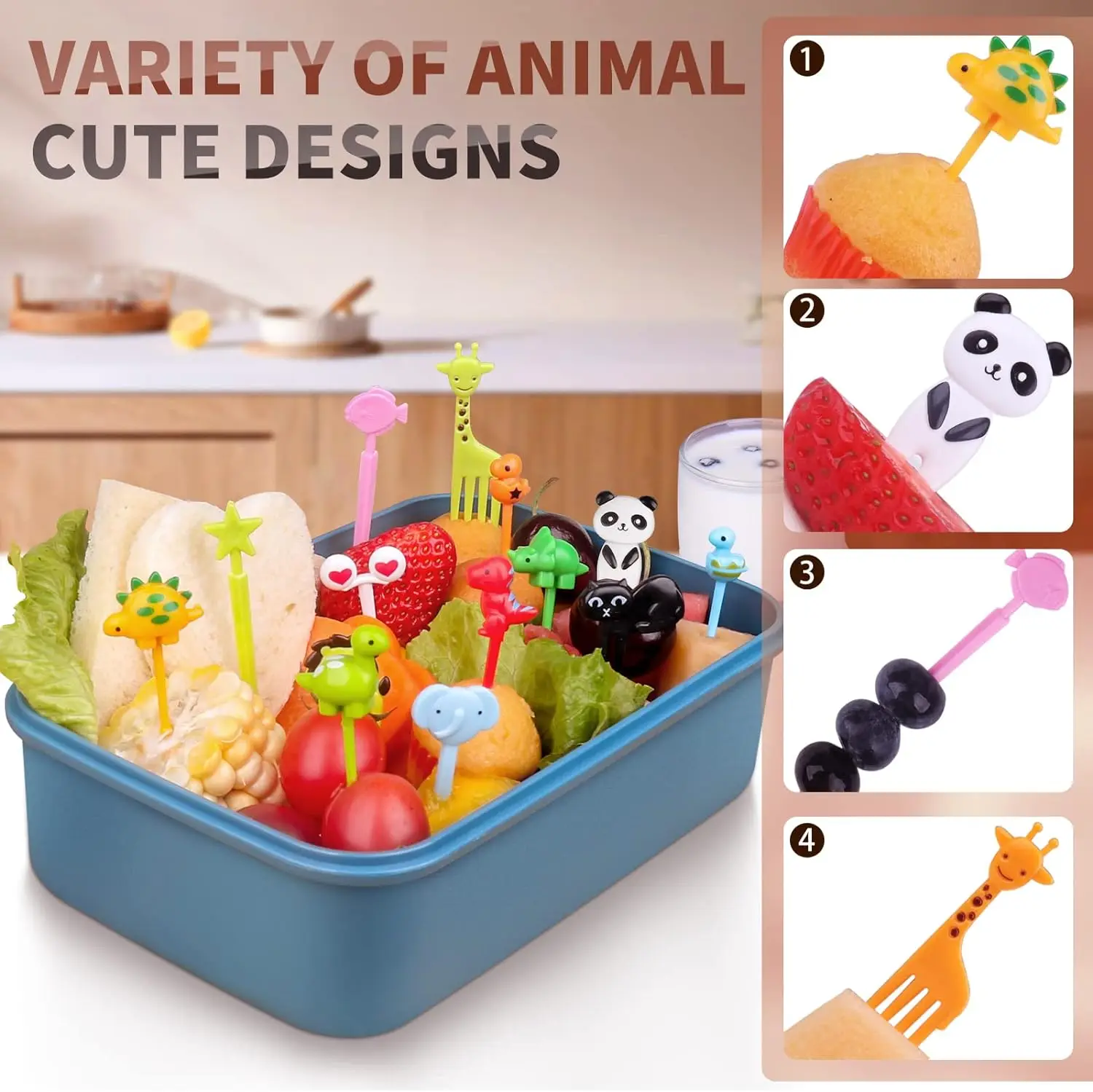 Nette Mini Essen Picks Kinder Tier Kleinkind Cartoon Snack Kuchen Dessert Lebensmittel Obst Gabeln Mit Cutter Silikon Lunch Box Teiler – Detail 8