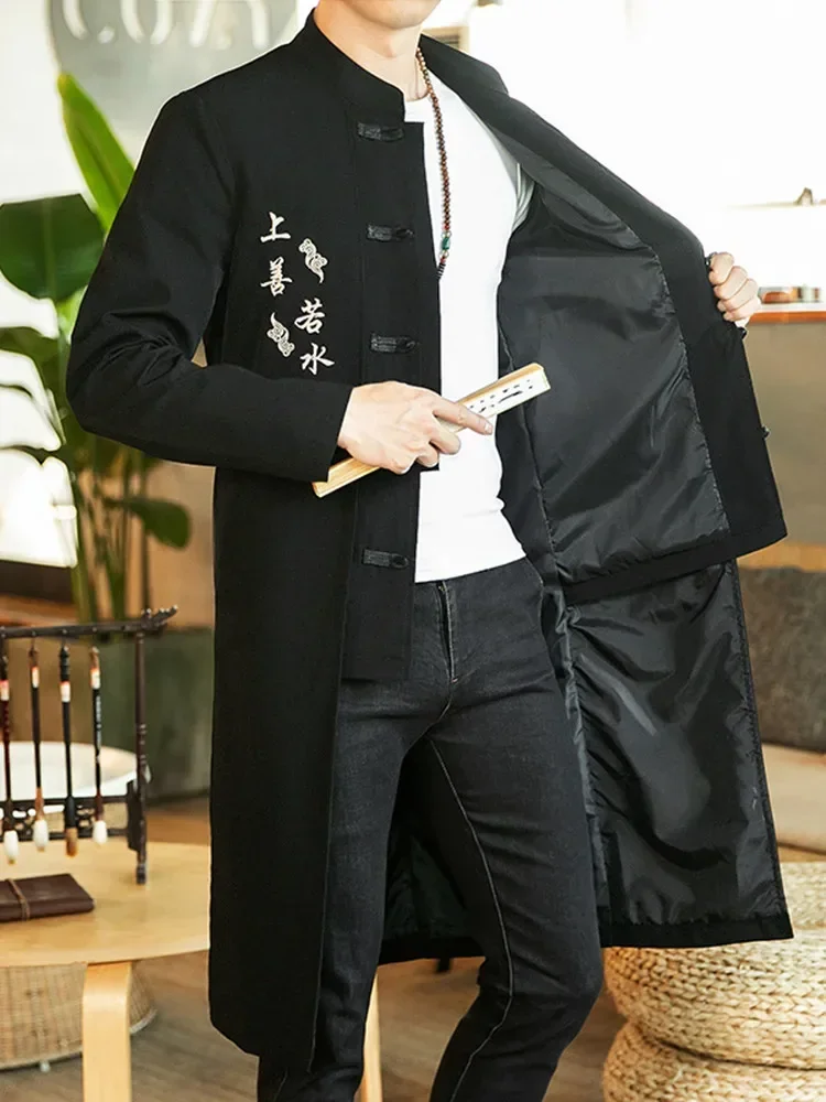 Chinese Style Long Windbreaker Jacket Men Streetwear Oriental Clothes Hip Hop Mandarin Jacket Coat