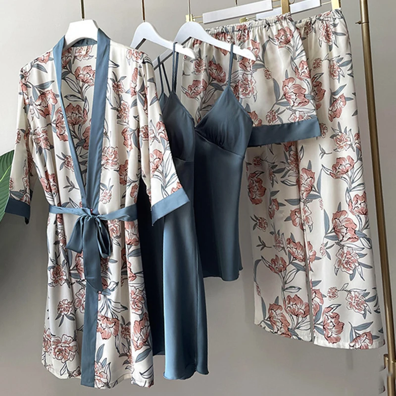 

Female Pajamas Five Piece Set Spring Summer Satin Kimono Bath Robe Gown Sleepwear Loose Sexy Print Flower Homewear Lounge Wear