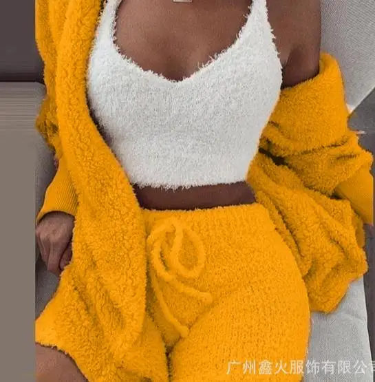 

Повседневная Пижама из 3 предметов с длинным рукавом и шортами, спортивный костюм, женская одежда, Европейская и американская мода, однотонный комплект из 3 предметов