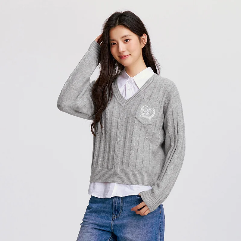 Semir Sweater Women V-Neck Cable Knit Sweater Sleeveless Shirt 2024 New Winter Loose Two-Piece Set 5