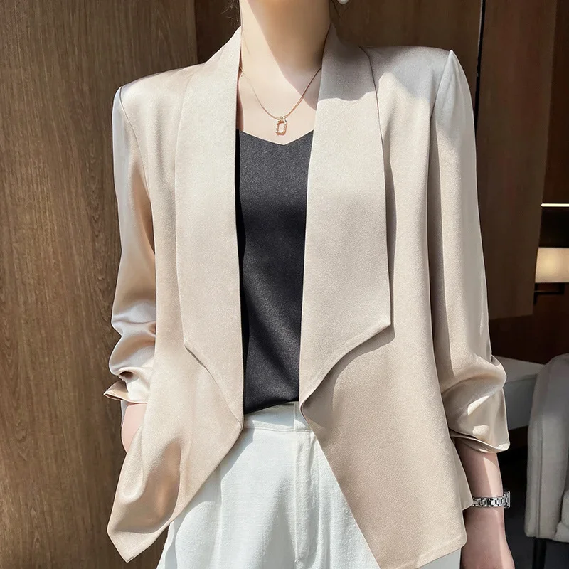 Satin Suits Jackets Women Blazers Blouses Summer Shirts Thin Casual Design Solid Three Quarter Sleeve Cardigan Coats Clothing