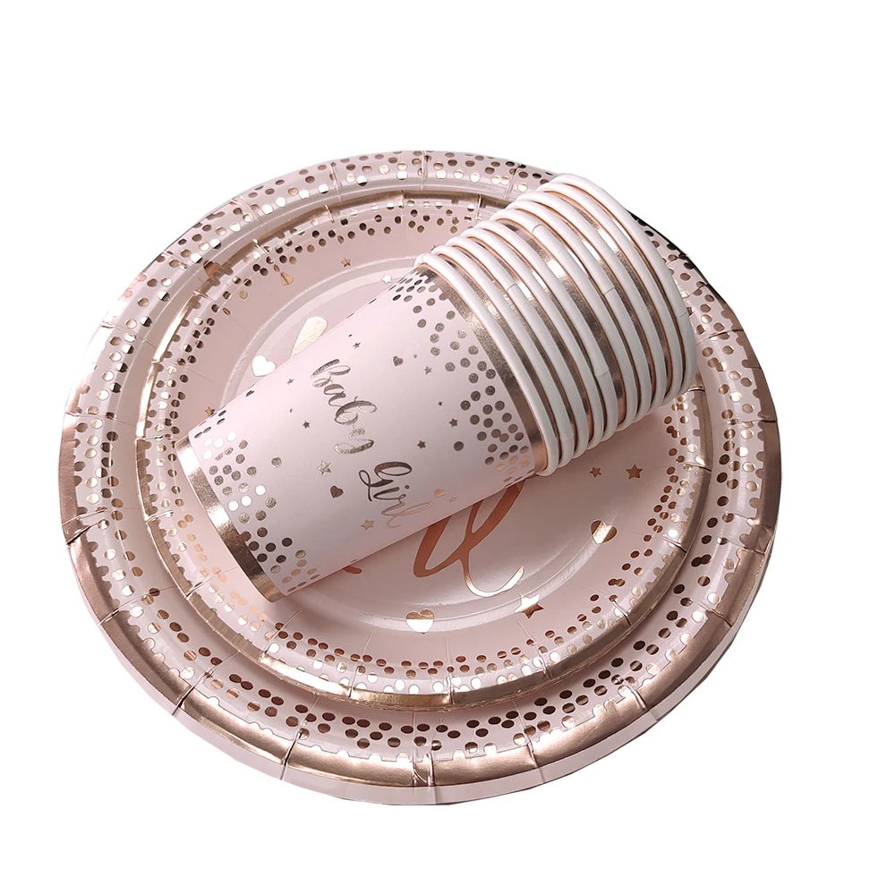 Description Picture 5 of itemGirls Baby Shower Decoration Rose Gold Baby Girl Paper Plates Cups Napkin Girls 1St Birthday Party Disposable Tableware Supplies