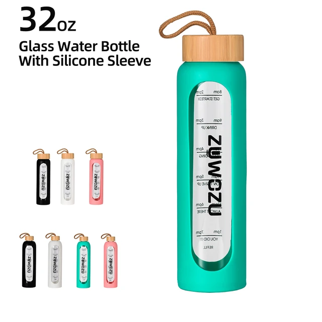 32 oz Glass Water Bottle with Time Marker Reminder and Silicone