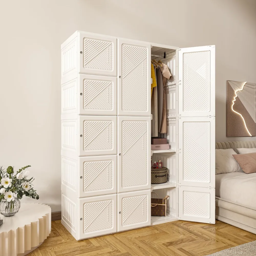 

Portable Wardrobe Closet Storage Organizer for Clothes,Folding All-in-one Plastic Wardrobe with Magnetic Door and Easy Assembly