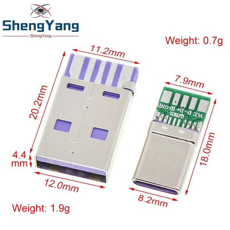 USB diy kit TZT 1Set Fast Charge Type-C USB 65W 5A Male Connector Welding With 5Pin PCB + Type A Male 6 Pin USB DIY OTG Data Charge DIY KIT
