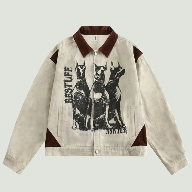 

Vintage Distressed Denim Jackets Mens Streetwear Harajuku Dog Graphic Printed Patchwork Loose Washed Varsity Coats Unisex 2024