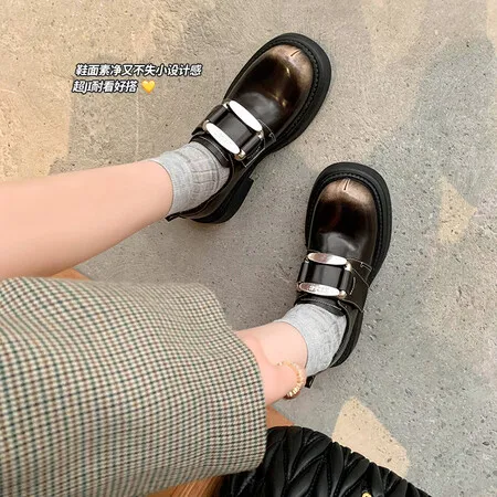 Retro College Style Small Leather Shoes for Women's Spring Versatile Thick Soled Round Toe Loafers