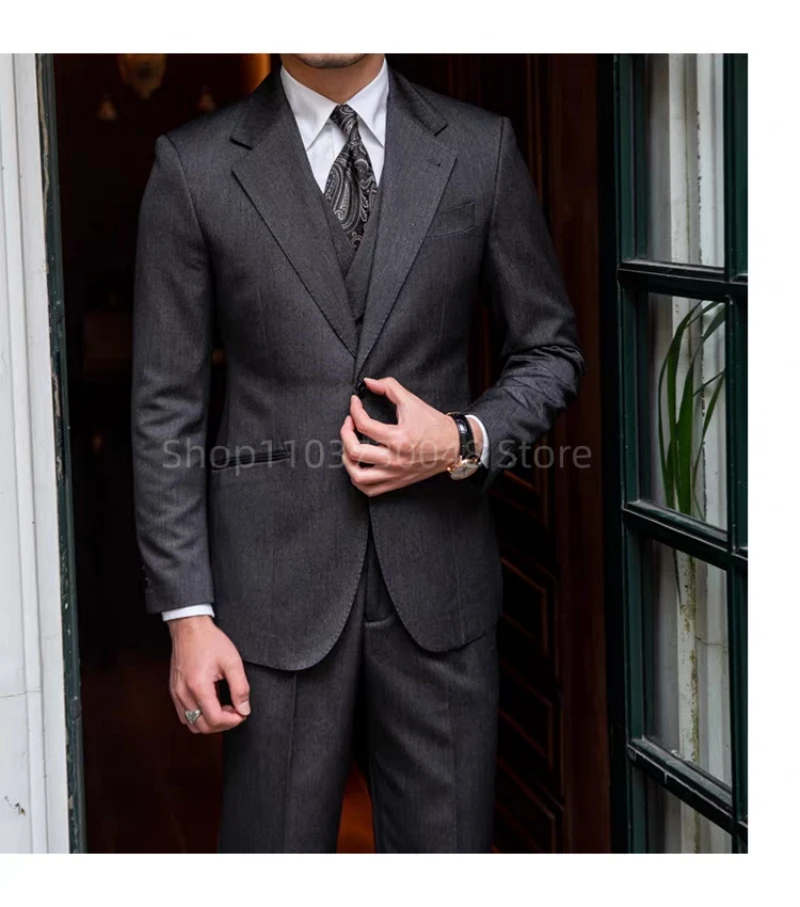 Elegant Dark Gray Men's Suits Gentleman Business British Suits Set Banquet Host Casual Wedding Business Suits(Blazer+Vest+Pants)