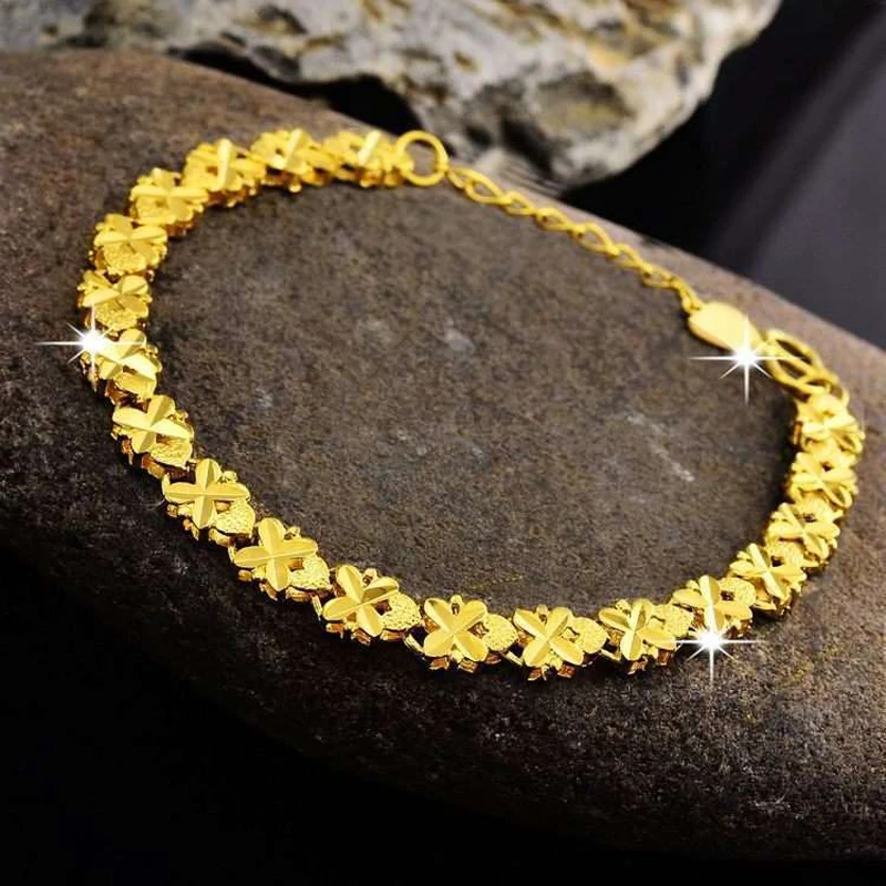 Wholesale Pure gold Color 4MM Flower Heart Bracelet 19CM for Women Girls  Fashion 24k Gold Filled Ladies Wedding Jewelry - AliExpress