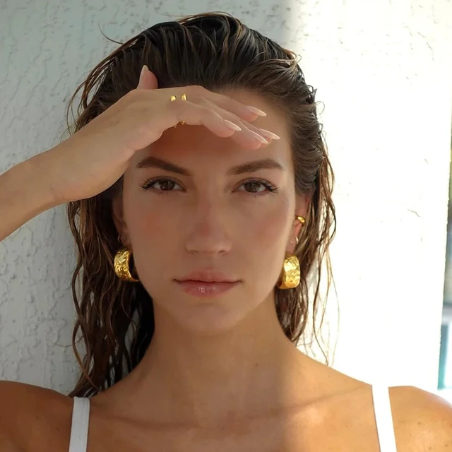 Vintage Gold Plated Hammered Hoop Earrings for Women Statement Wide C Shape Circle Earring Stainless Steel Punk Jewelry Gift 5