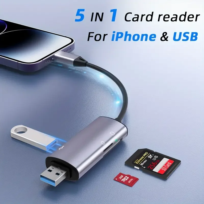 SD Card Reader for iPhone, USB 3.0 HUB Adapter with SD TF Ports, Plug N Play, Dual Card Slot, Memory Reader, 5 in 1