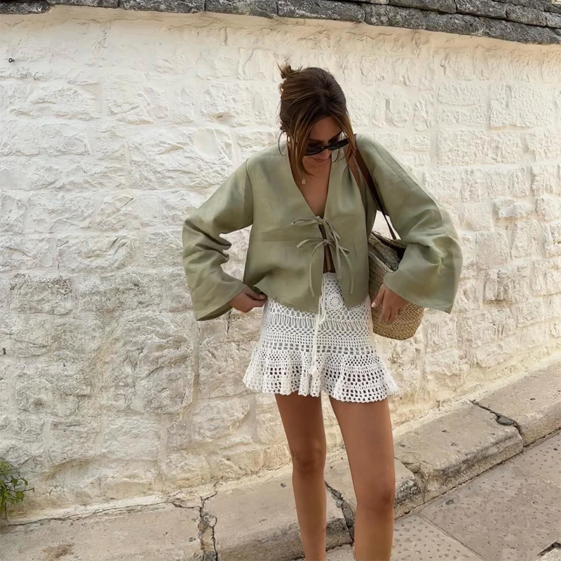 Fashion V-neck Lace Up Shirts Women Spring Summer New Casual Long Sleeve Blouse For Female Solid Elegant Street Lady Tops