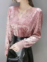  Spring New Versatile Patchwork Long sleeved Shirt Women V-neck Korean Version Loose and Thin Golden Velvet Lace Top Solid Color 