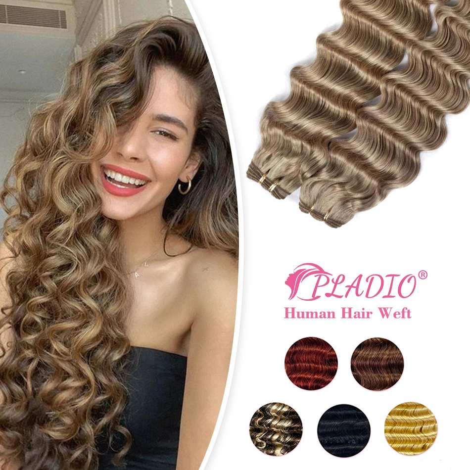 Deep Wave Human Hair Weaves Bundles Double Weft Brazilian Remy Human Hair Extensions 12"-26" Customized Color Natural Hair Weft