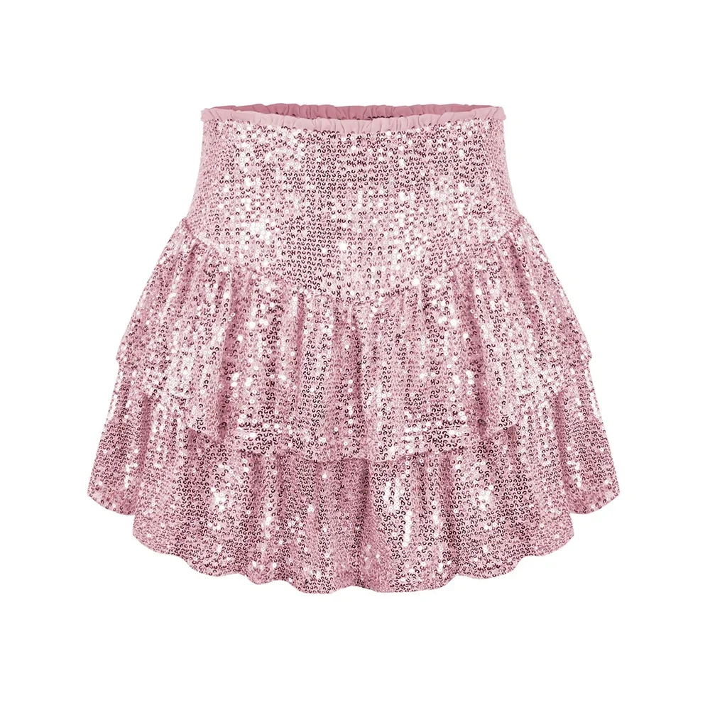 Ruffle Skirt Pink Sparkly Mini Skirt Holiday Party Elastic Waist