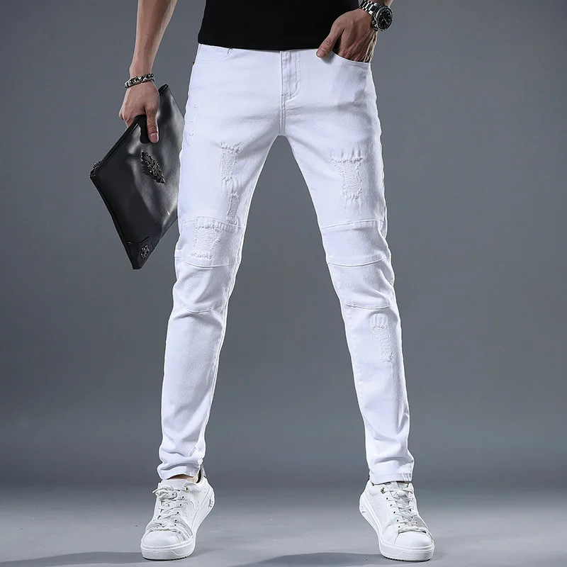 Men's Jeans New Yellow Red White Jeans Men Fashion Slim Fit Straight Pants Summer Streetwear Ripped Patch Denim Trousers