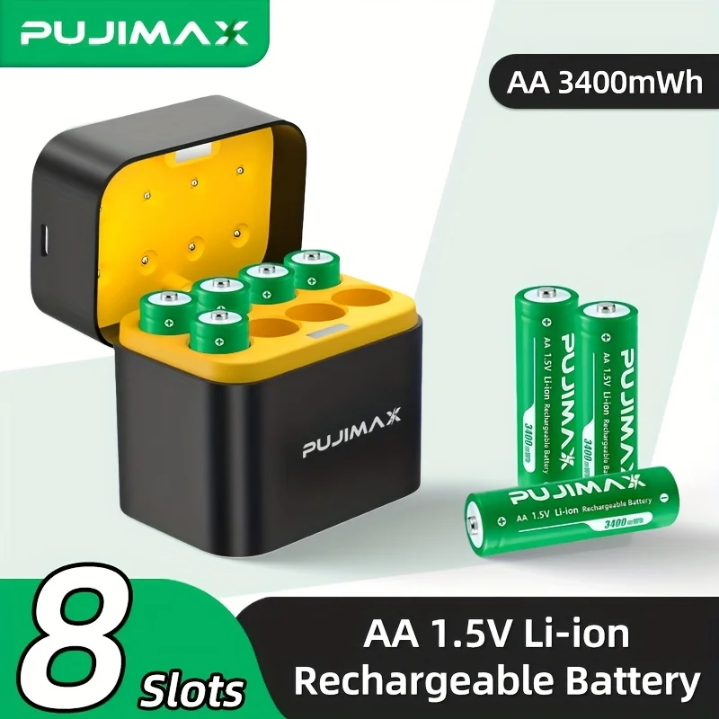 PUJIMAX Li-ion AA Rechargeable Batteries 1.5V AA 3400mWh Lithium-ion Battery+ Charger Clock Radio Video Game Digital Battery 1