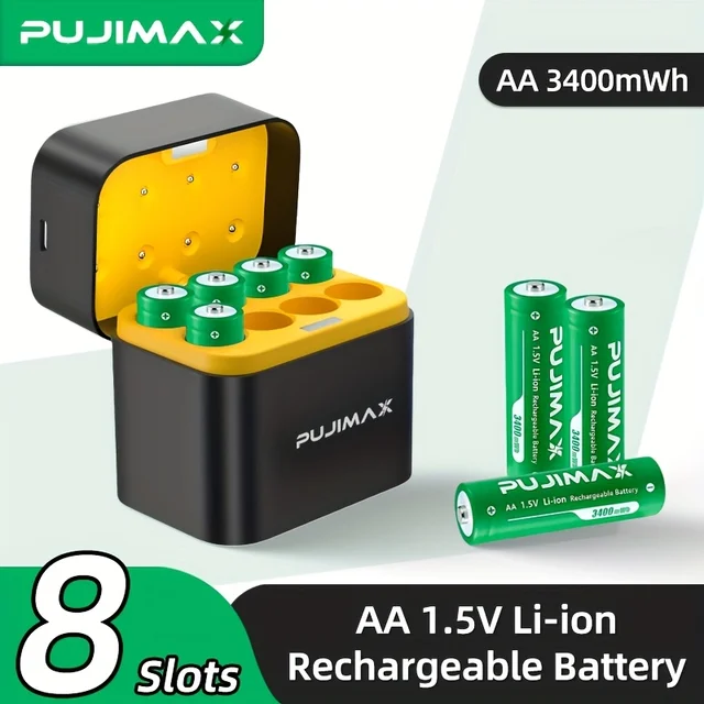 PUJIMAX Li-ion AA Rechargeable Batteries 1.5V AA 3400mWh Lithium-ion Battery+ Charger Clock Radio Video Game Digital Battery 1