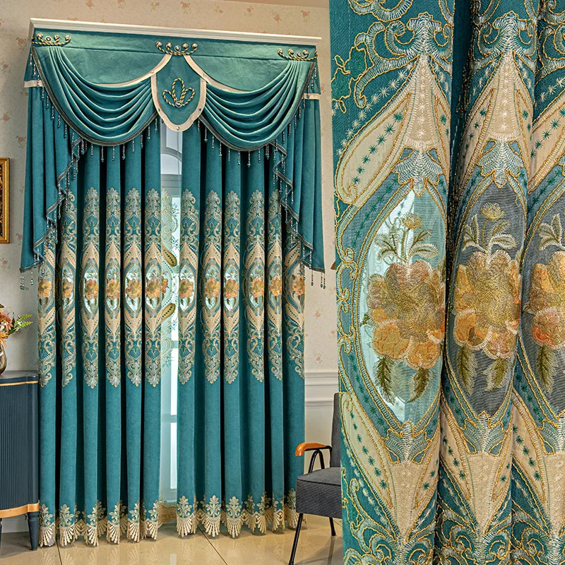 

Custom curtain embroidery Chenille European light luxury thick shading green cloth blackout curtain tulle valance drape C1471