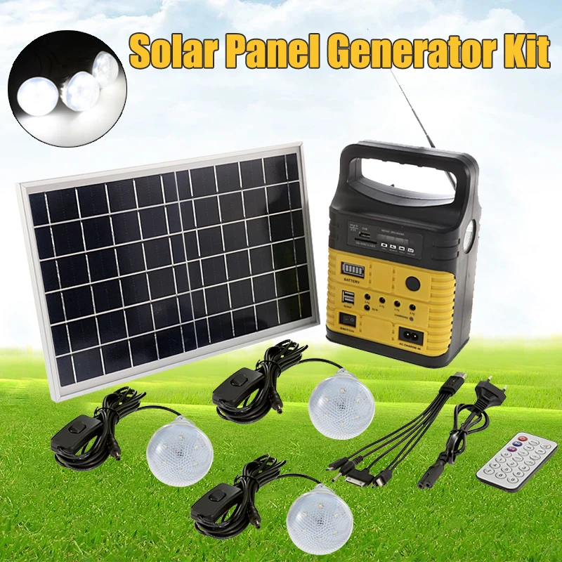 Portable Solar Generator System 3 Bulbs Radio Outdoor Solar Power Panel Camping Kit LED Emergency Lighting Remote Control