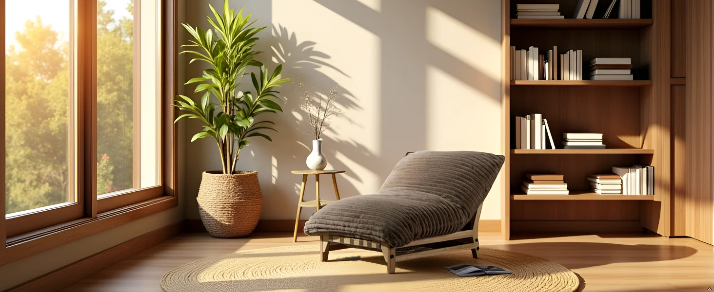 A cozy reading nook with a large window overlooking a lush garden, creating a serene atmosphere for