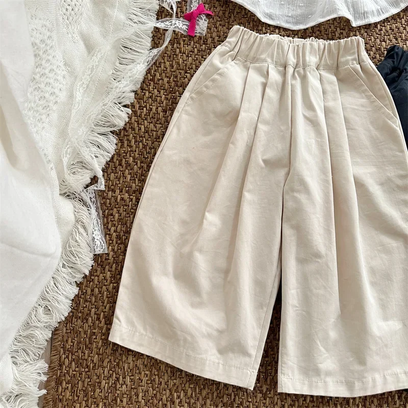 5593 Children Pants Spring and Autumn New Solid Color Pleated Wide-leg Pants for Girls Elastic Waist Slant Trousers