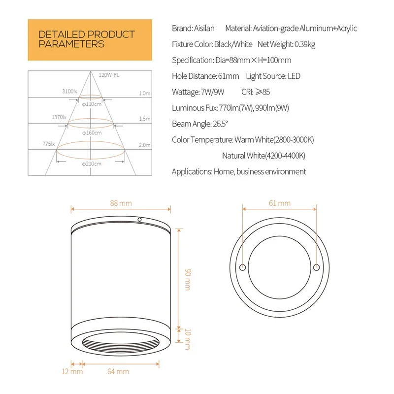 Led 표면 장착형 통 눈부심 방지 9W CRI97 알루미늄 천장 스포트 라이트 거실 침실 복도 AC90-260V