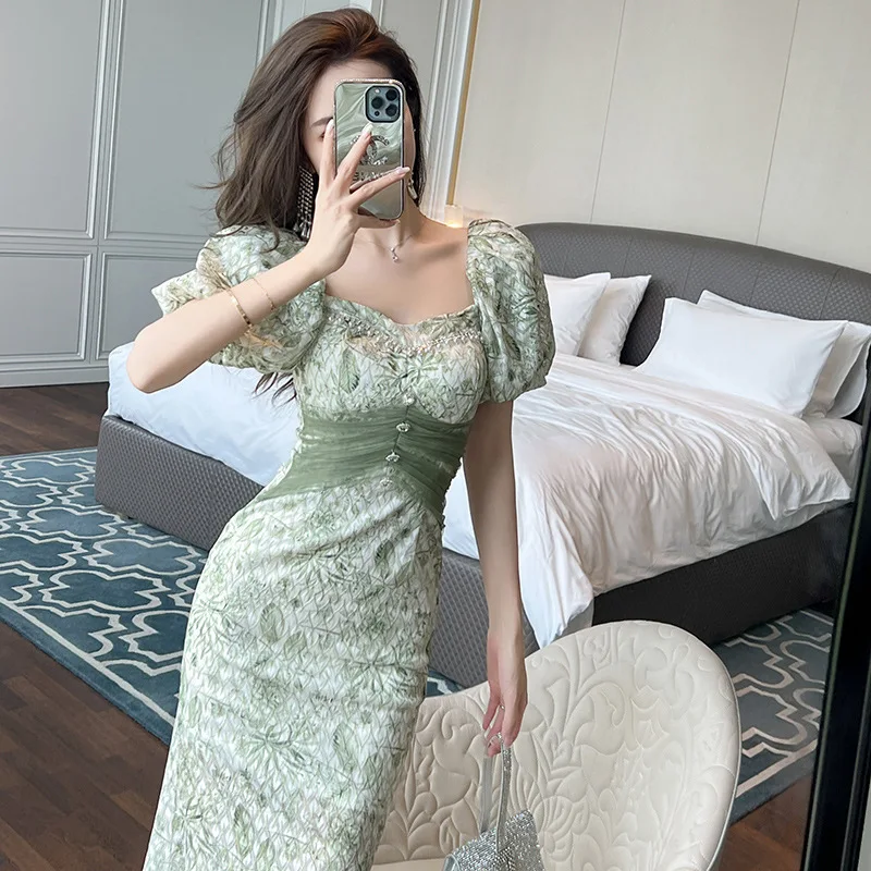 

Harajpoo Design Fashion Long Dress 2024 Summer French Bubble Sleeves Wrapped Waist Square Neck Exquisite Lace Evening Vestidos