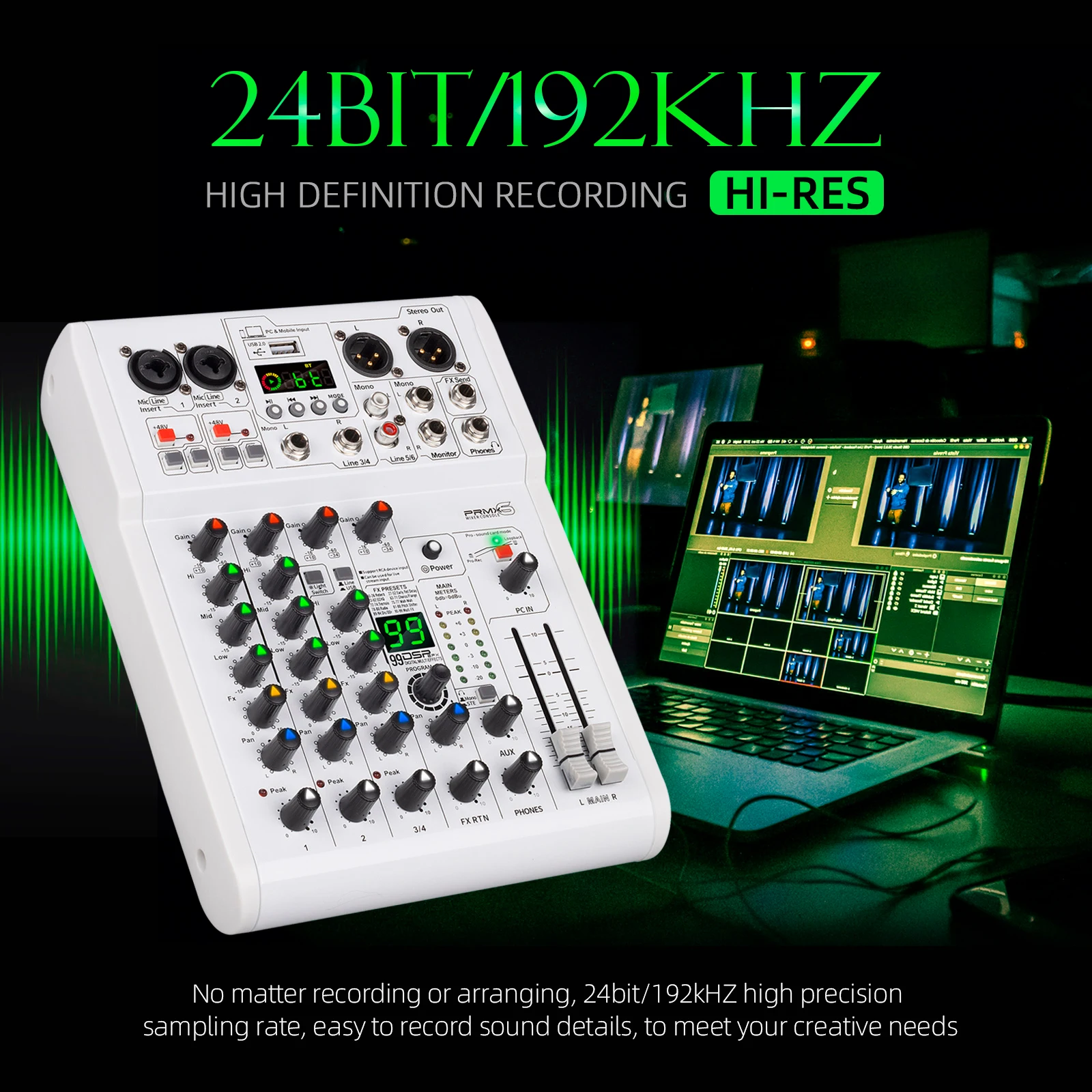 PRMX-6 오디오 믹서, 5.0 BT, 99 DSP 디지털 리버브, USB 레코딩, 스튜디오 품질 24비트/192khz를 갖춘 DJ 믹서, 스튜디오, 라이브용