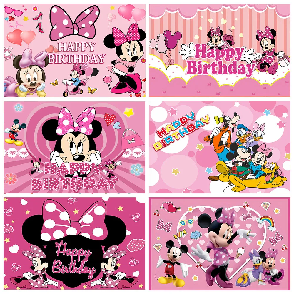 

Pink Minnie Mouse Party Vinyl Background Mickey Mouse Backdrops Wall Cloth Baby Shower Kids Birthday Party Decoration Gifts