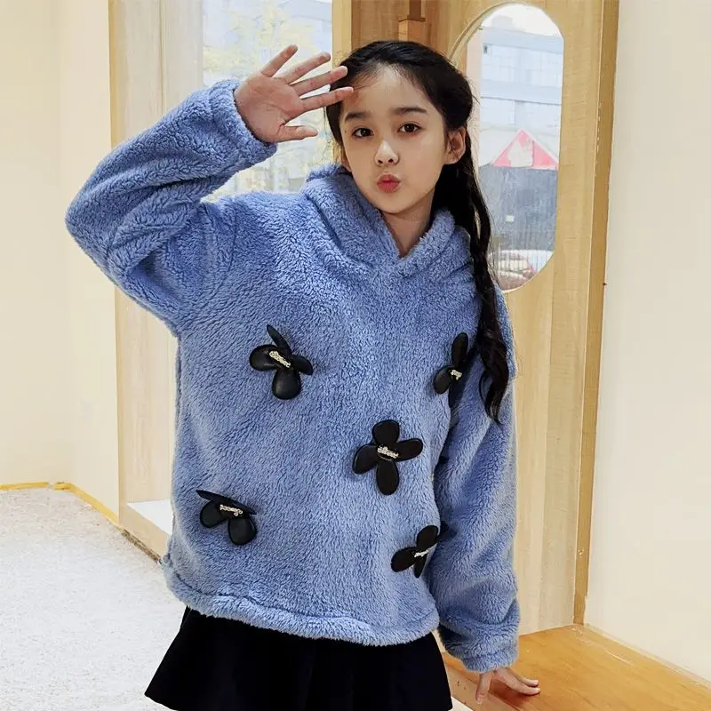 

Winter Girl Long Sleeve Lambwool Hoodie Female Teens Sweet Korea Style Plush Hooded Sweater Children Fashion Furry Pullover Tops