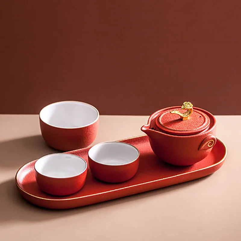 Portable Travel Red Chinese Tea Set, Porcelain Ceramics Teapot and Cups, Gaiwan with Tray, Traditional Wedding Ceremony Set
