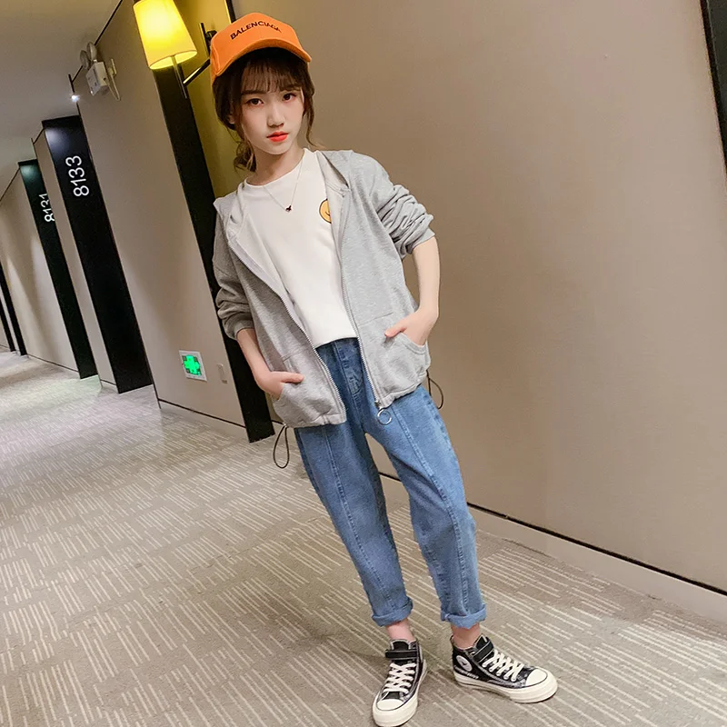 

2021 fashion baby girls clothes Girl's grey hooded zipper knit coat Autumn children clothing boys girls coat 3 4 6 7 8 9 10 12y
