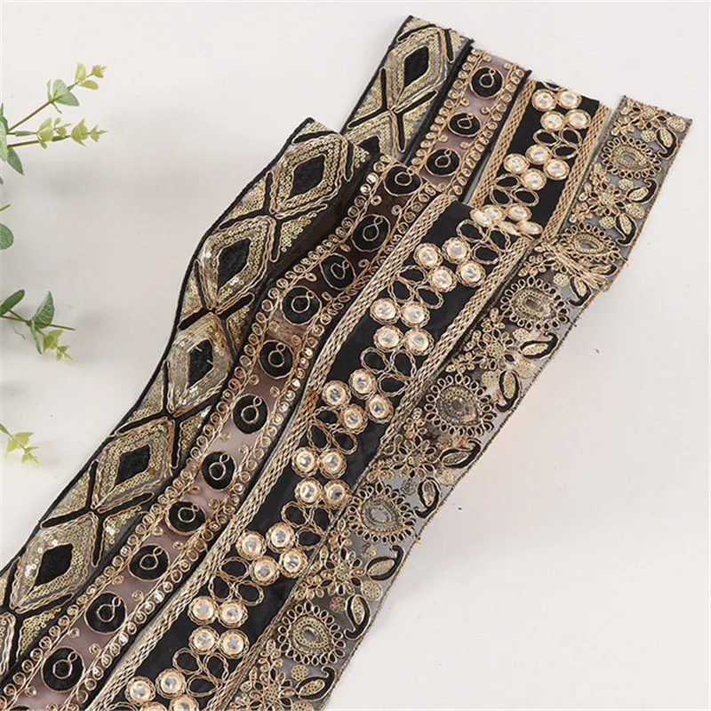 

4.5-6 CM Wide Black Embroidered Mesh Lace Sequined Gold Strands Clothing Decoration Barcode Floral Webbing Accessories