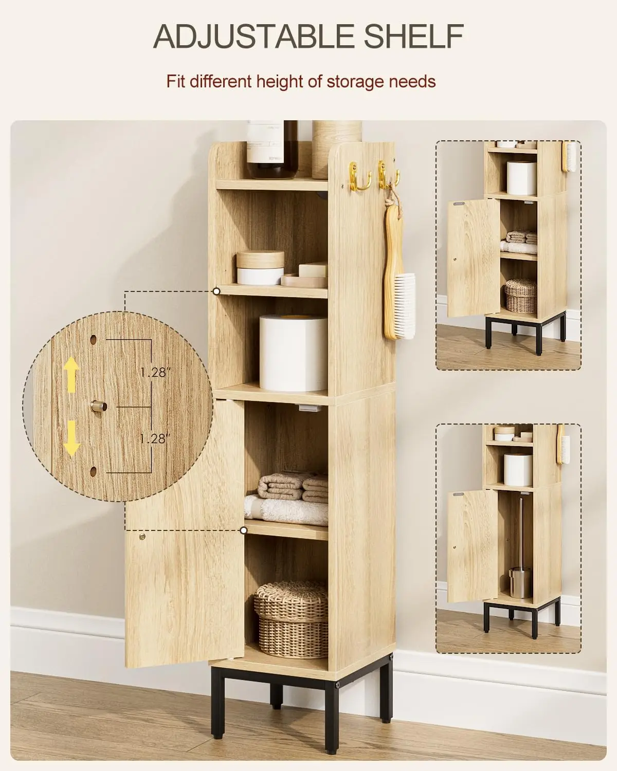 Bathroom Storage Cabinet, Small Corner Floor Hutch with Door and Shelves, Narrow Toilet Paper Cabinet, Bathroom Organizer with