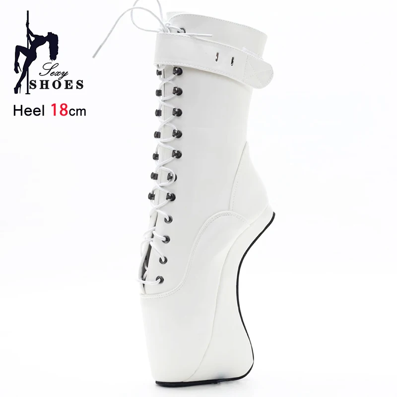 Short Ballet Boots 7" Wedge Heel Lock Wrap Strap White Ankle Boots Fashion Sexy Fetish Lockable Padlocks 18CM Hoof Heel Shoes