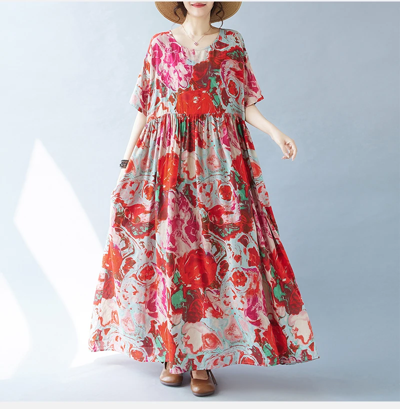 Vintage Boho Cotton Summer Dress - Casual Loose Print Holiday Dress for Women