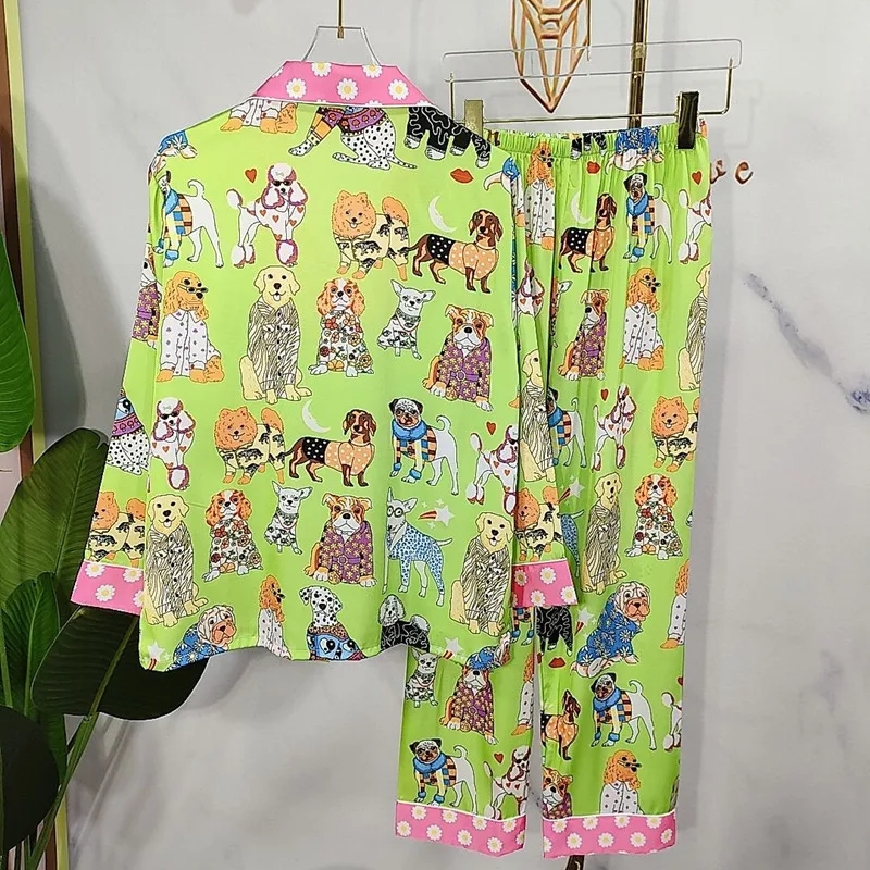 Autumn Silk Sleepwear Green Cartoon Print Women Pajamas Set Long-sleeved 2 Pcs with Trousers Satin Cardigan Home Clothes Female