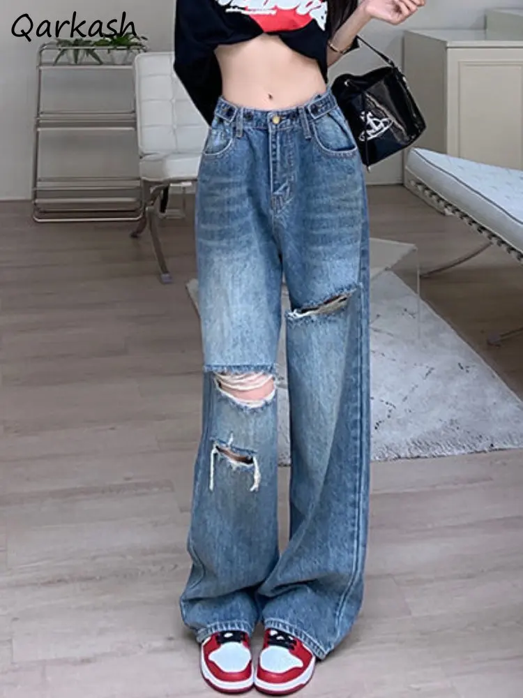 

Ripped Jeans Women Holes Vintage Streetwear Loose Wide Leg Trousers Casual High Waist All-match American Style Chic Spring Teens