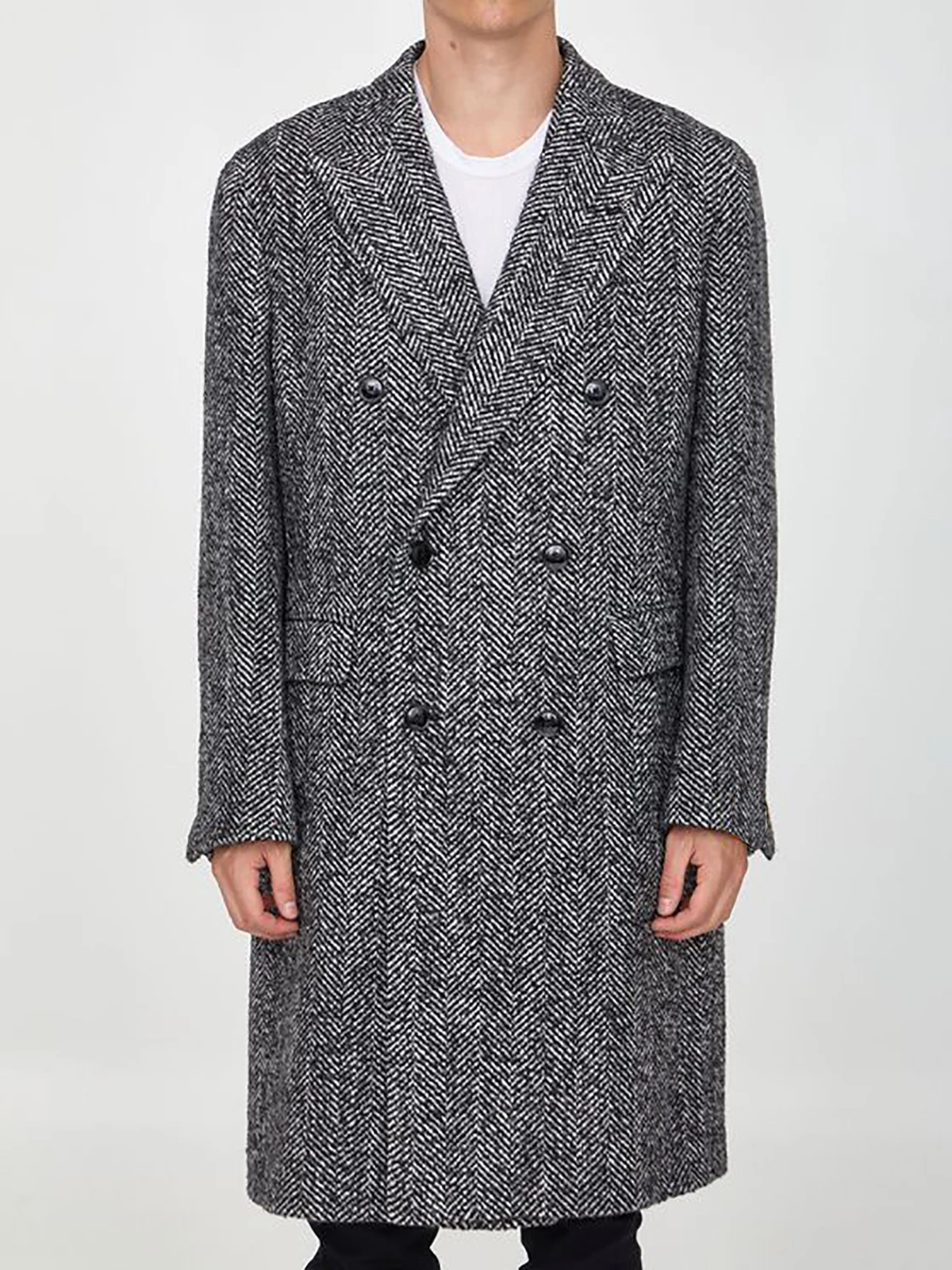 Herringbone Woolen Men Suit Tailor-Made One Piece Men Blazer Black Overcoat Double Breasted Groom Business Causal Prom Tailored