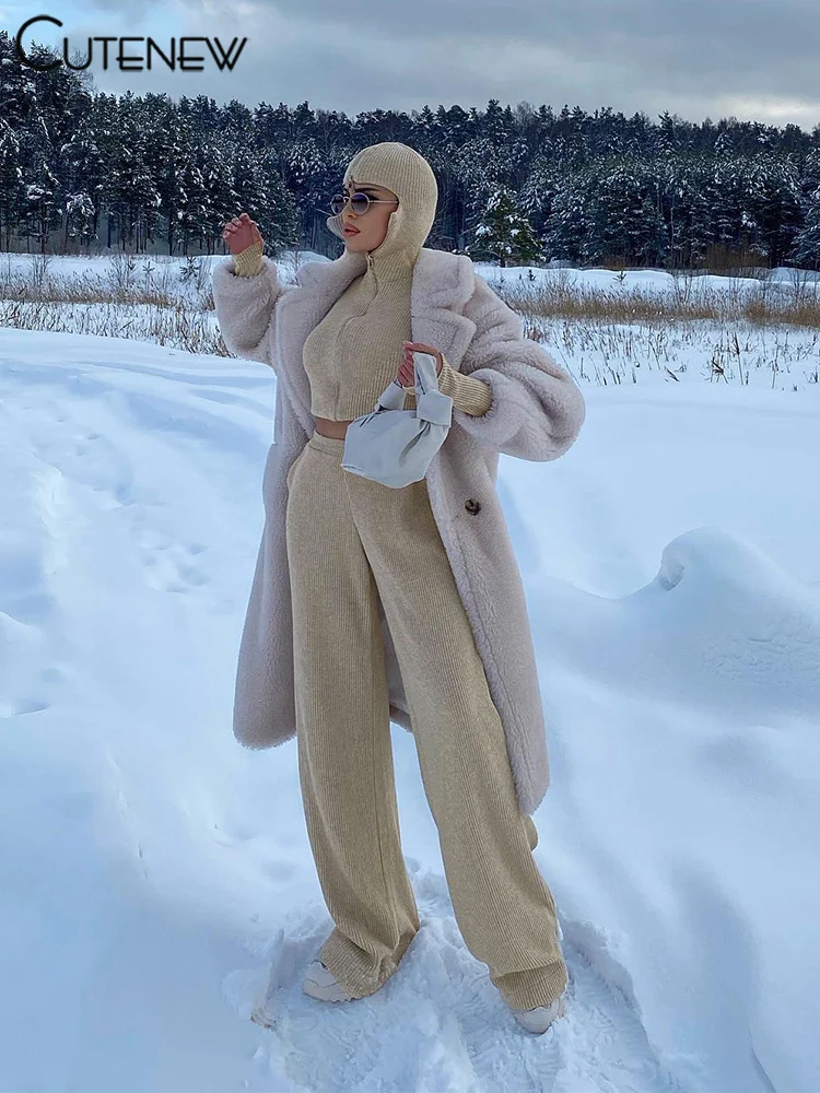 Classic Sporty Women 2Piece Set Concise Autumn Tracksuits Solid Hooded Zip-up Crop Tops+Matching Pants Female Knit Suits