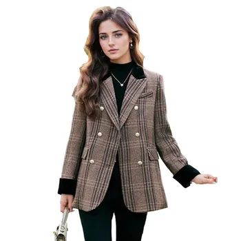 Autumn Winter New Blazer Coats Women's Woolen Jackets Long Sleeve Plaid Print Vintage Thick Outerwears Elegant Jaqueta Feminina 1