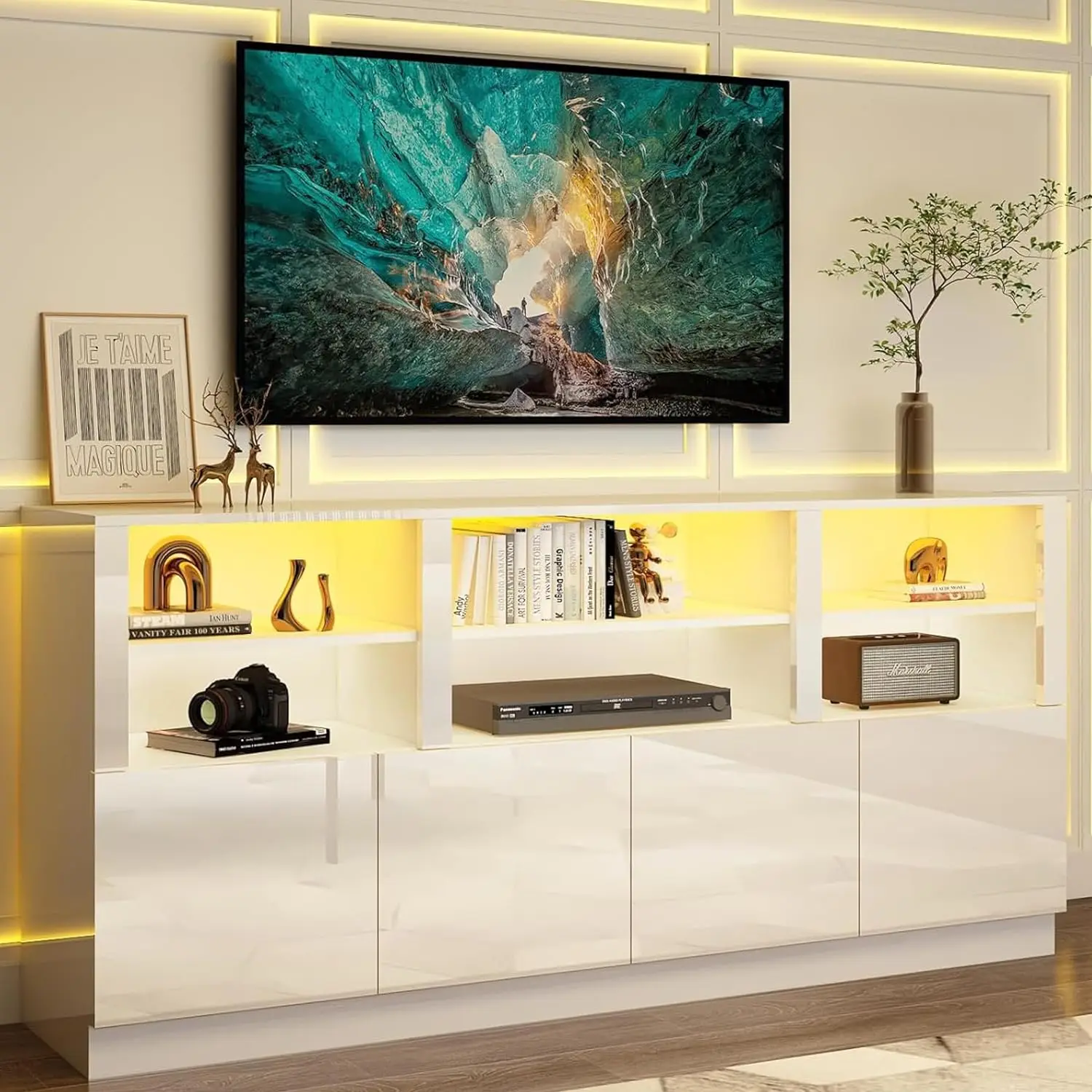 

70 Inch LED TV Stand for 70/75/80 Inch TV, Modern Gaming Entertainment Center with Storage Shelves & Doors, RGB LED Lights