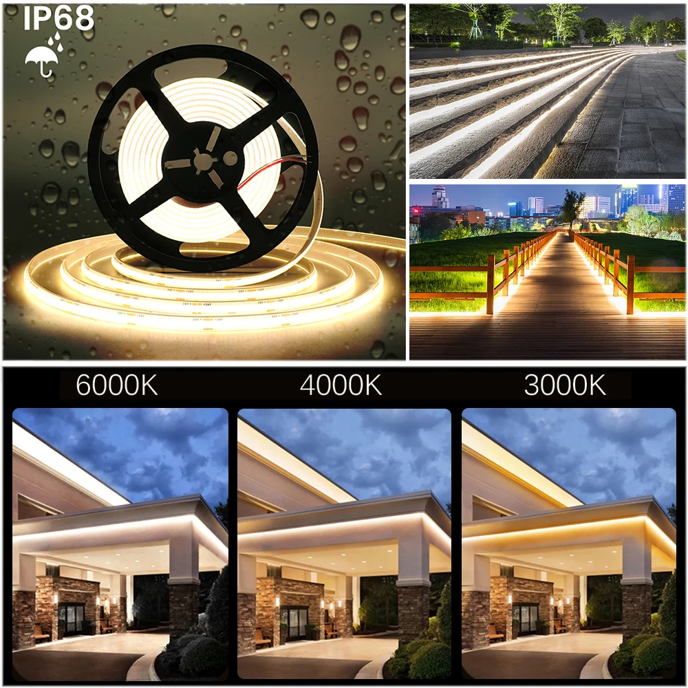 IP68 Waterproof COB Strip 12V 24V 320Leds/M RA90 3000K 4000K 6000K Home Garden Decor Flexible Ribbon Rope LED Light 1M 10M 20M 2